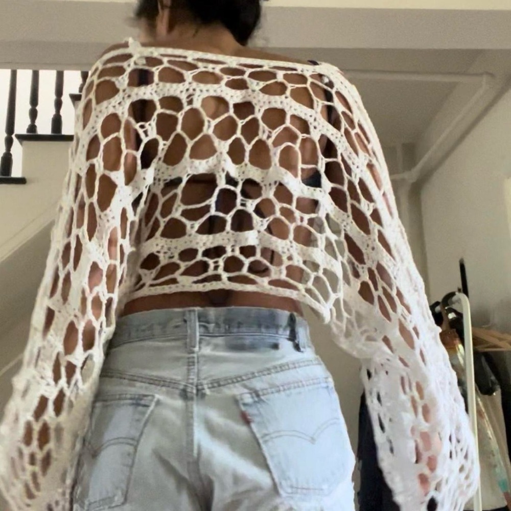 White Crochet Open-Knit Sweater - Picture 5 of 8